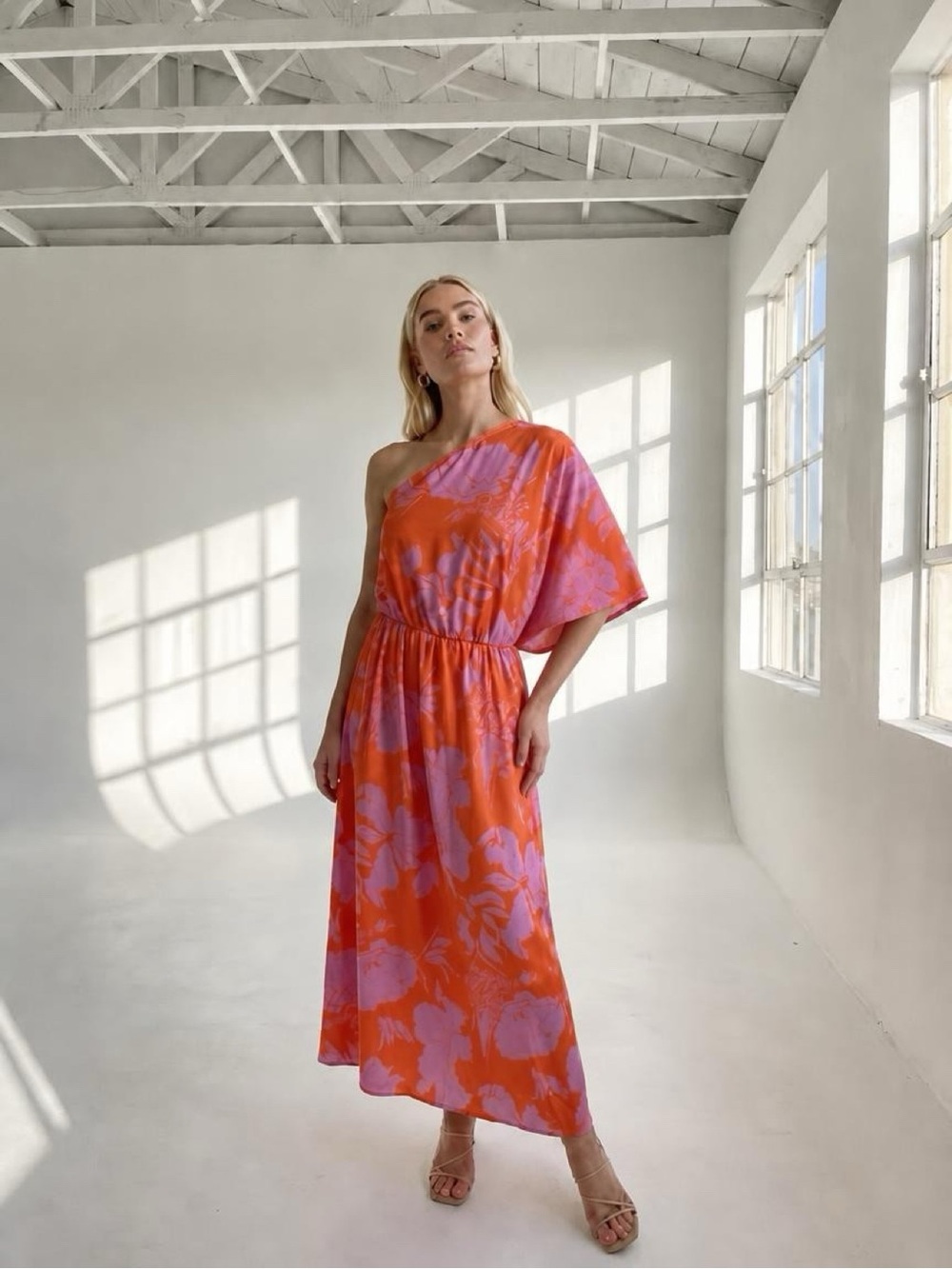 SHEIN Orange One-Shoulder Maxi Dress with Pink Floral Print - Picture 2 of 6